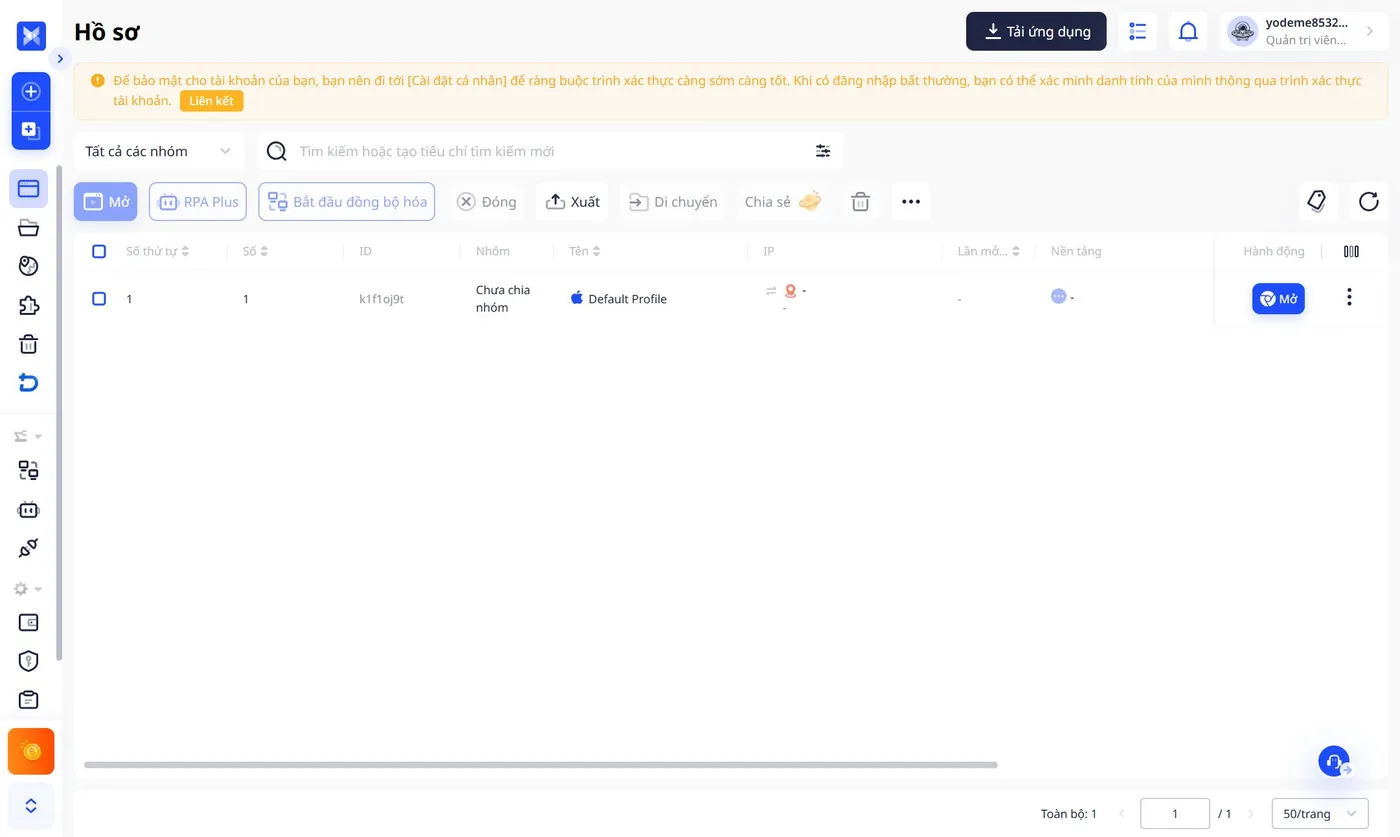 Màn hình danh sách hồ sơ của AdsPower hiển thị bằng tiếng Việt, có các nút Mở, RPA Plus, Bắt đầu đồng bộ hóa